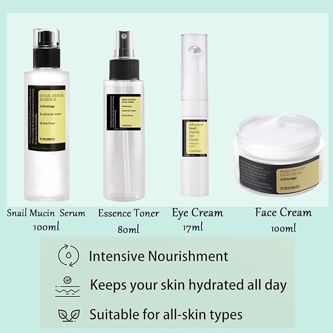 Advanced Snail Mucin Set, Face Skin Care Set, Korean Skincare Gift Set for Teenage Girls, Skin Care Products Set with Serum, Cream, Eye Cream, Toner, Facial Snail Mucin Kit for Women Hydrating 4PCS