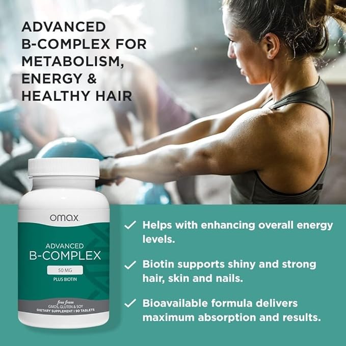 Omax3 2 Bottles - Advanced Vitamin B Complex 50MG with Biotin | Strong & Shiny Hair, Skin Nails, Support Stress, Immunity, Energy Metabolism, 90 Capsules/per Bottle