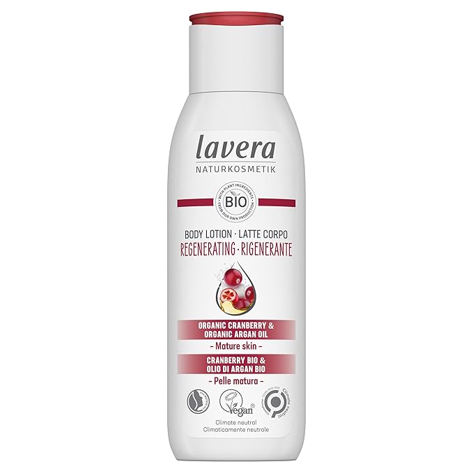 lavera Body Milk Regenerating - Body lotion with organic cranberry & organic argan oil - Firming care for mature skin - PETA certified - Biodegradable - vegan - natural cosmetics - 6,76 fl.oz.