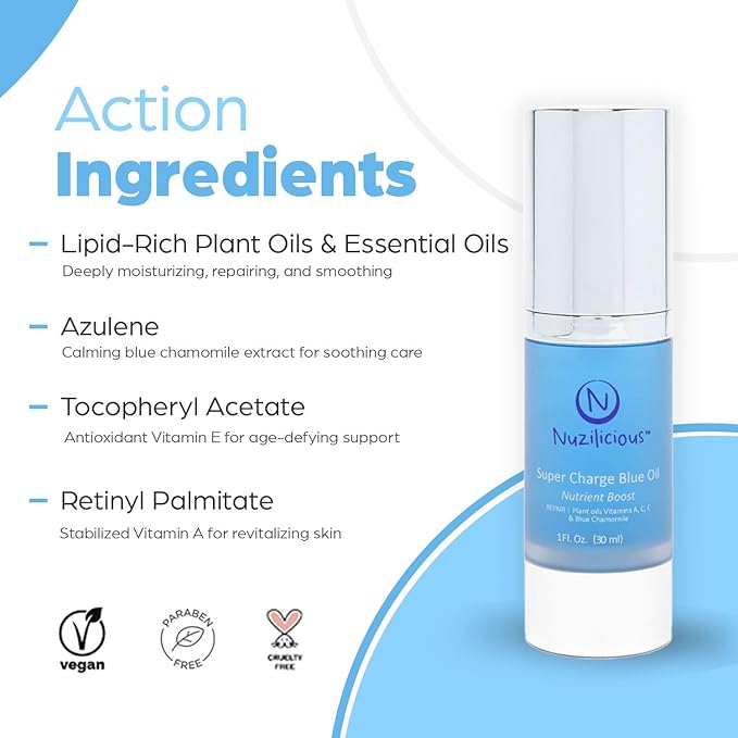 Professional Grade Super Charge Blue Oil – Intense Hydration & Radiance with Essential Oils & Lipid-Rich Plant Oils, Vegan & Cruelty-Free, 1 oz