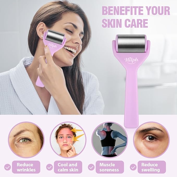 Hilph Ice Roller for Face Metal, Stainless Steel Ice Face Roller for Skin Care, Cold Facial Massager Roller for Puffiness, Eye Bags, Wrinkles, Fine Lines Anti-Aging (Purple)