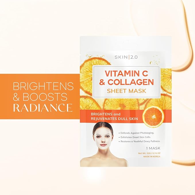 Vitamin C & Collagen Sheet Mask - Anti-Aging, Wrinkle & Age Spot Reducer, Hydrating & Moisturizing - Dermatologist Tested Korean Skincare, Clean Beauty, Cruelty-Free, All Skin Types - 5 Masks