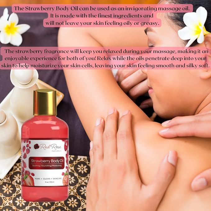 Strawberry Body Oil, Natural Body Oil For Women, Shower and Bath Perfume, Hydrating & Deep Moisturizing, Reduce Dry Skin, Long Lasting Fragrance, Vegan - 4 fl. oz