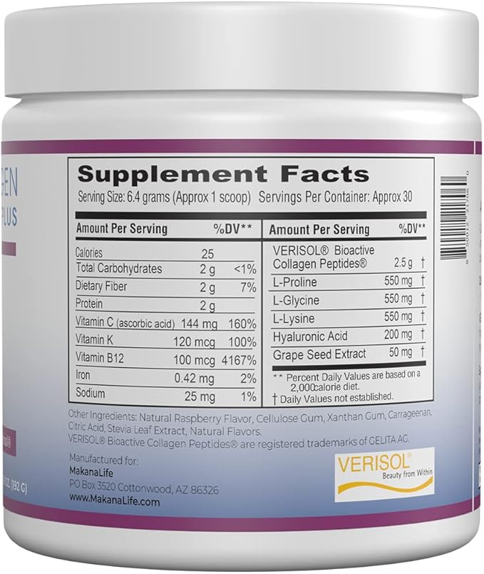 Makana Collagen Peptides Plus – with Verisol®, Vitamin C, Hyaluronic Acid & Amino Acids – Supports Hair, Skin, Nails, & Joints, 30 Servings – Raspberry Flavor