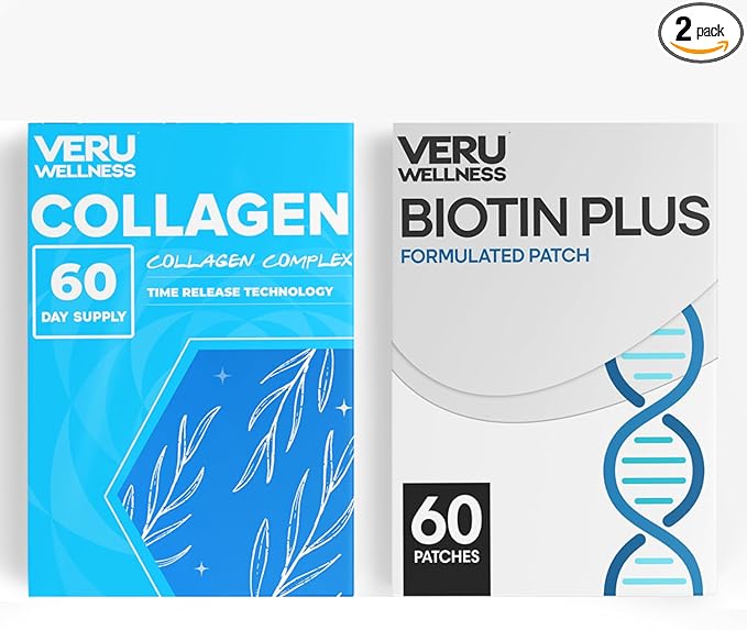 Veru Wellness Hair Skin Nail Duo Lifestyle Patches - Biotin Collagen - Self Adhesive Time Release Topical Patch, 8-10 Hours (60 Day Supply)