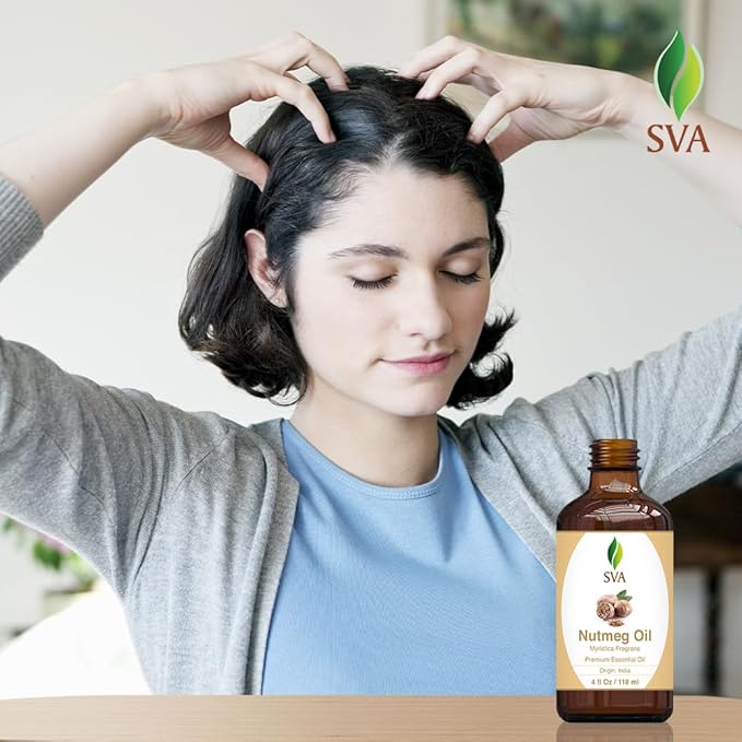 SVA Nutmeg Essential Oil – 4 Fl Oz – 100% Natural Nutmeg Oil - for Diffuser, Hair Care, Face, Skin Care, Aromatherapy, Scalp and Body Massage, Soap and Candle Making – with Dropper