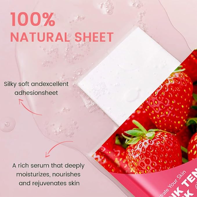 8 Pack Strawberry Face Sheet Mask Skincare,Hydrating Face Mask For Sensitive Skin,Moisturize,Soothing,Nourish for All Skin Types,Natural Spa Party Facial Mask Skincare Set for Women Men Girls