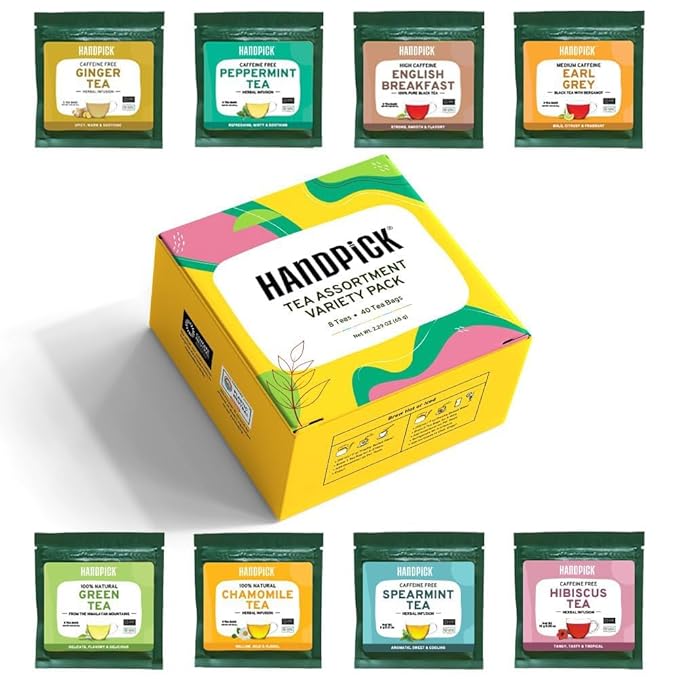 HANDPICK, Tea Bags Sampler Assortment Variety pack Gift Box 8 Flavors, 40 Tea Bags - Perfect Variety | English Breakfast, Green, Black, Herbal & More | Gifts for Him/Her