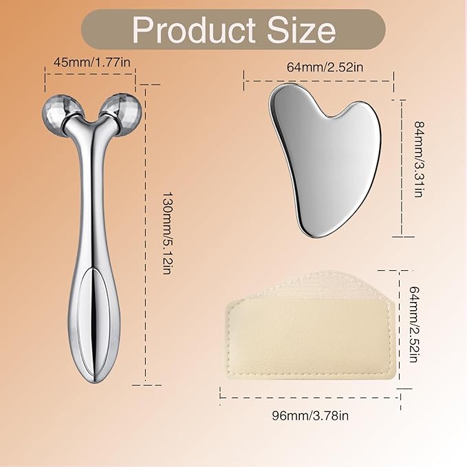 Face Massager, Metal Zinc Alloy Face Roller Massage Tool Stainless Steel Large Heart Gua Sha Scraping Board Facial Skin Tools Set for Women Face Neck Eye Body Skin Care