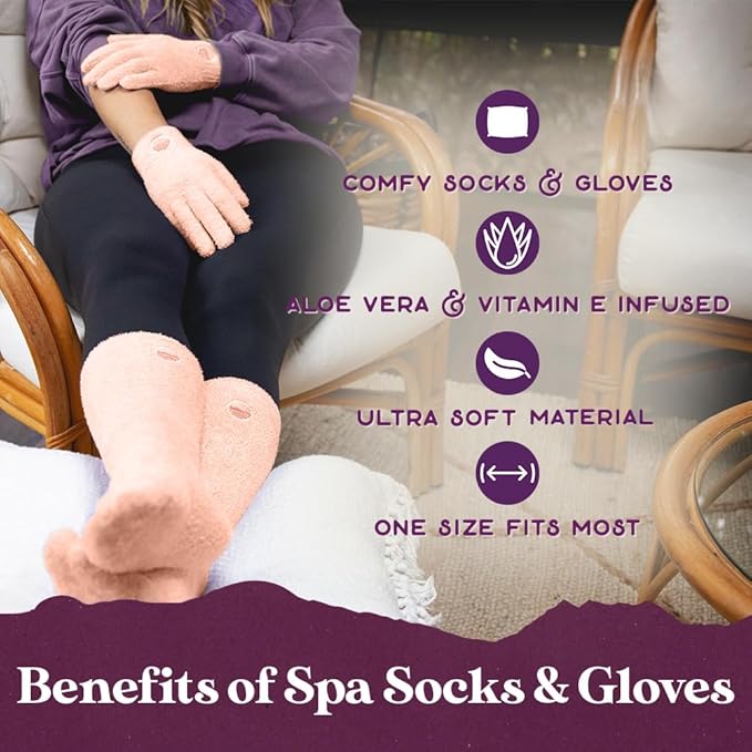 Aloe Socks and Gloves Set | Peach Moisturizing Socks and Gloves Infused with Aloe and Vitamin E | Spa Socks and Gloves for Women