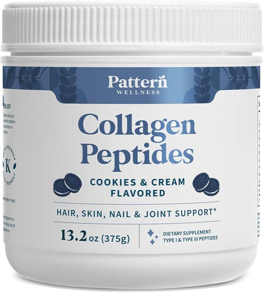 Pattern Wellness Collagen Peptides Powder (Type I & III) - Hair, Nails, Skin and Joint Health - Grass Fed & Pasture Raised - Hydrolyzed Collagen, Non-GMO, Dairy Free, & Keto - Cookies & Cream (13 Oz)
