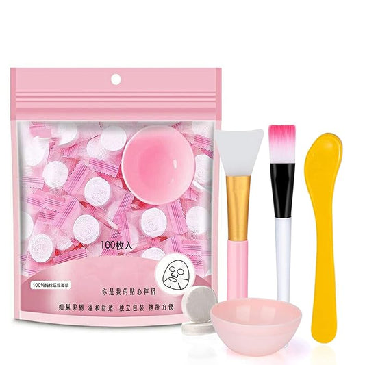 100 pcs Compressed Facial Mask Sheet Beauty DIY Disposable Mask Paper Natural Cotton Skin Care Wrapped Masks Normal Thick，Get a Small Mask Bowl, Mask Brushes
