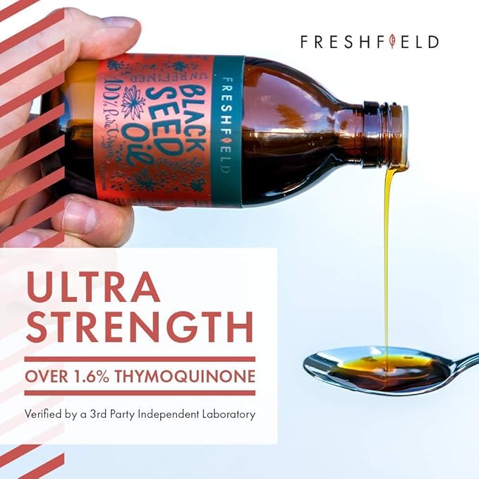 Freshfield Black Seed Oil | Vegan Friendly Up to 3X The Thymoquinone, Premium (Black Cumin Seed Oil, Nigella Sativa) | Cold Pressed | Ultra Strength | Pure and 100% Natural. 8 oz Liquid