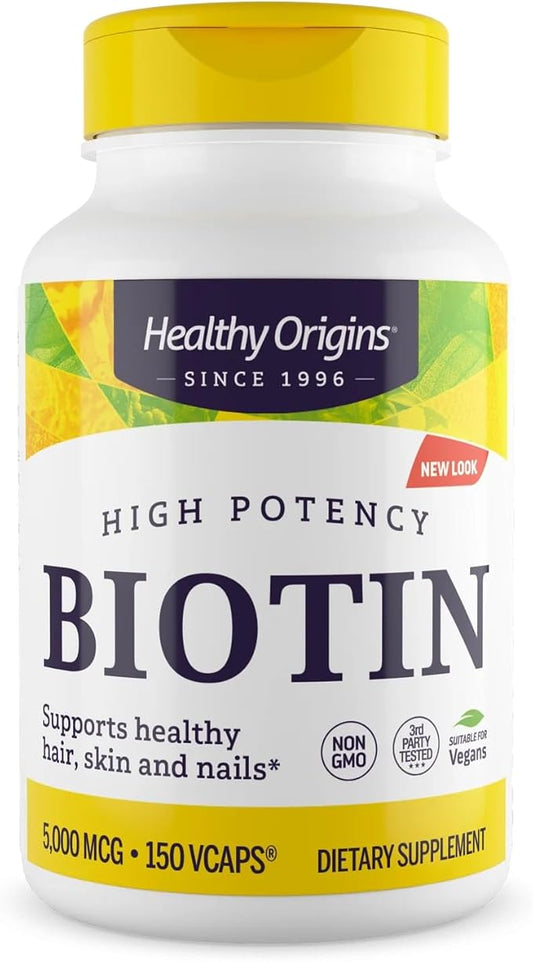 Healthy Origins Biotin 5,000 mcg (USP Grade, Non-GMO, Gluten Free, Hair Support, Nail Support), 150 Veggie Caps