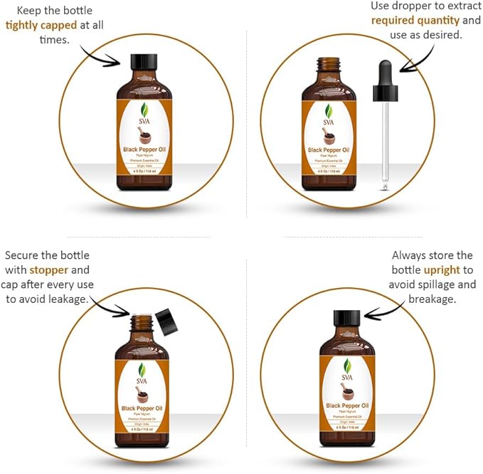 SVA Black Pepper Essential Oil – 4 Fl Oz – 100% Natural Black Pepper Oil - for Diffuser, Hair Care, Face, Skin Care, Aromatherapy, Scalp and Body Massage, Soap and Candle Making – with Dropper