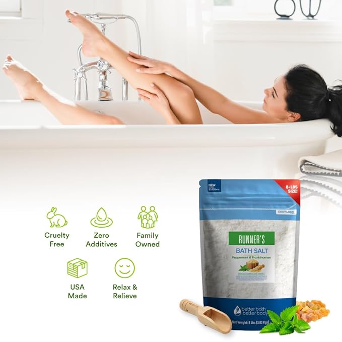 Runner's Bath Salt 128 Ounces (8 Lbs) Soothing Epsom Salt Bath Soaks with Natural Peppermint and Frankincense Essential Oils Plus Vitamin C in BPA Free Pouch with Easy Press Lock Seal Made in USA