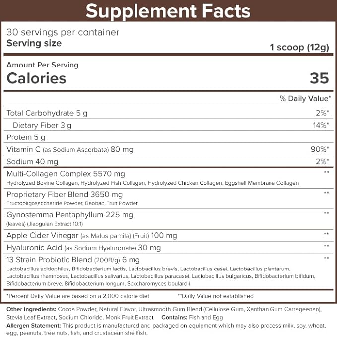 SkinnyFit Super Youth Chocolate Multi-Collagen Peptides + Probiotics, Baobab Fiber, Apple Cider Vinegar, Hyaluronic Acid, & Vitamin C, Skin, Hair, Joint & Metabolism Support, 30 Servings