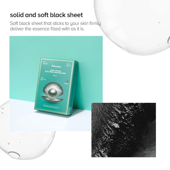 JM Solution Marine Luminous Pearl Deep Moisture 3 Step Skin Care Face Mask - Korean Skincare Facial Mask - boosting Brightening Moisturizing-10 Sheets for Dry Skin (Black Pearl)