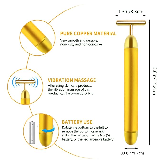 Aubric Face Massager Electric Beauty Bar 24k Golden Facial Massage Tool, T-Shape Electric Vibrating Wand Face Neck Skin Firming Lifting Tighting Wrinkles Reducing Body Treatment Anti Aging Device