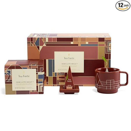 Tea Forte Frank Lloyd Wright 3-Piece Mother's Day Tea Gift Set with Sienna Stoneware Cup with Tea Tray and 10 Count Mini Presentation Box, 2 of Each Blend Handcrafted Pyramid Infuser Tea Bags