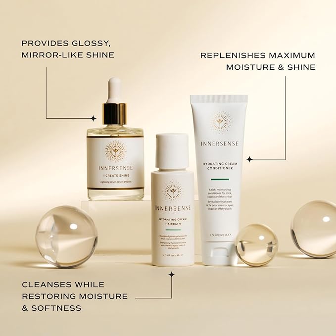 INNERSENSE Organic Beauty - Hydrate & Shine Set | I Create Shine, Hydrating Cream Hairbath, Hydrating Cream Conditioner | Non-Toxic, Cruelty-Free, Clean Haircare (3 piece set)