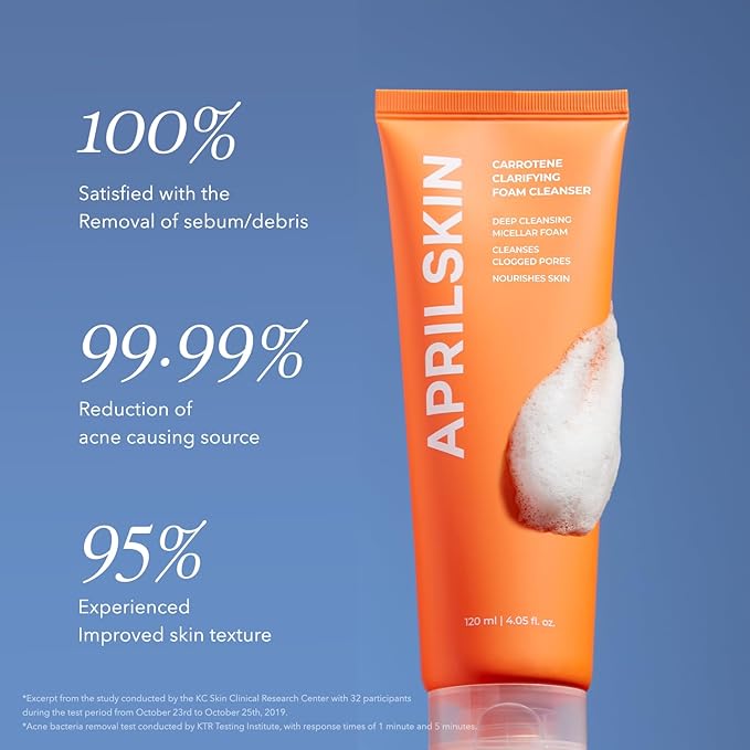Aprilskin Carrotene Clarifying Foam Cleanser - Deep Cleansing with BHAs & Sebum Control for Oily, Sensitive, Acne-Prone Skin - 120ml - Vegan, Cruelty Free