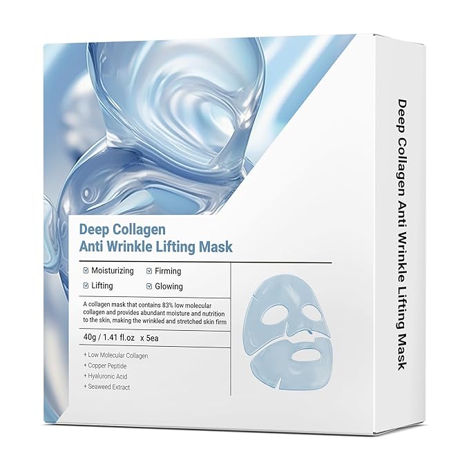 Hyaluronic Acid Collagen Face Mask with Copper Peptide and Seaweed Extract, Overnight Nourishing, for Lifting, Firming, and Moisturizing 40g x 5ea Facial Mask