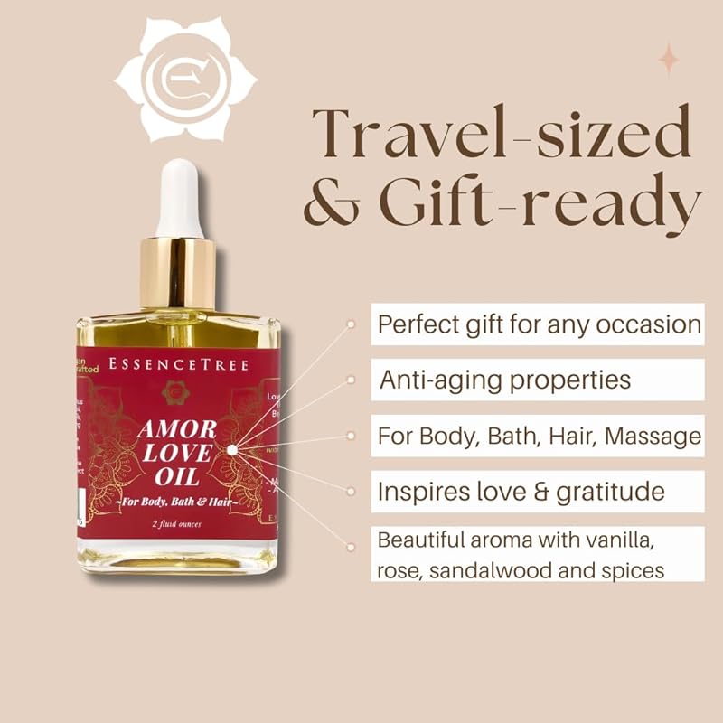 Amor Love Oil All-in-One Body Oil for Skin, Hair and Bath, Supports Youthful Skin, Addictive Scent Vanilla, Spice, Rose, Bergamot, Myrrh, Sandalwood, GLOW UP with Vitamin E