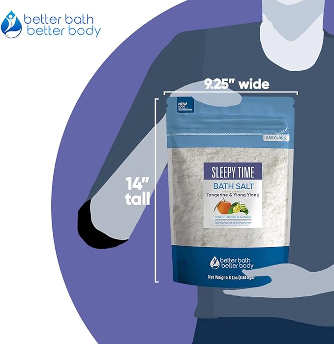Sleepy Time Bath Salt 128 Ounces (8 Lbs) Epsom Salt with Natural Tangerine and Ylang Ylang Essential Oils Plus Vitamin C in BPE Free Bulk Size Pouch with Easy Press Lock Seal Made in USA