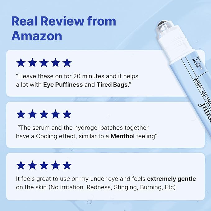 Hydrogel Collagen Real Cool 6 Pairs of Eye Patches & Hydrating Roll-On Serum Set for Dark Circles and Puffiness - Hyaluronic Acid and Caffeine Eye Serum Korean