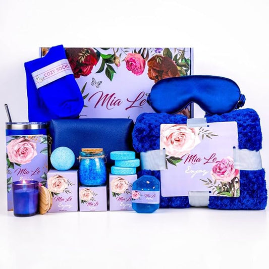 16 pcs Luxury Relaxing Spa Gift Basket Set - Perfect for all occasions such as Birthdays, Christmas, Get Well, Thank You, Bridal Shower, Gifts for Women & Men. Includes Bath Bombs (16 pcs, Royal Blue)