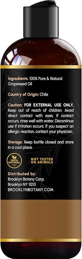 Brooklyn Botany Grapeseed Oil - 100% Pure and Natural Body, Hair, and Face Carrier Oil for Essential Oils, Aromatherapy, and Massage - 8 fl Oz