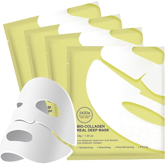 Deep Collagen Anti-Wrinkle Lifting Overnight mask, Bio-Collagen Real Deep Mask, Hydrating Face Mask with Low Molecular Weight Collagen for Elasticity, Pore Minimizing, Firming, Moisturizing 4 Pcs