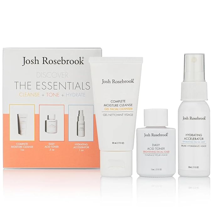 Josh Rosebrook The Essentials Kit - Cleanse, Tone & Hydrate Skincare Set | Complete Moisture Cleanse 1 oz, Daily Acid Toner 0.5 oz, Hydrating Accelerator 1 oz | Travel Size Facial Skin Care