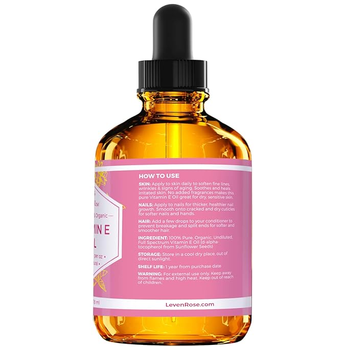 Vitamin E Oil by Leven Rose 75,000 IU per oz 100% Natural, Organic, Pure Vitamin E Oil for Skin, Face, Hair, Nails, and Scars, 4 oz