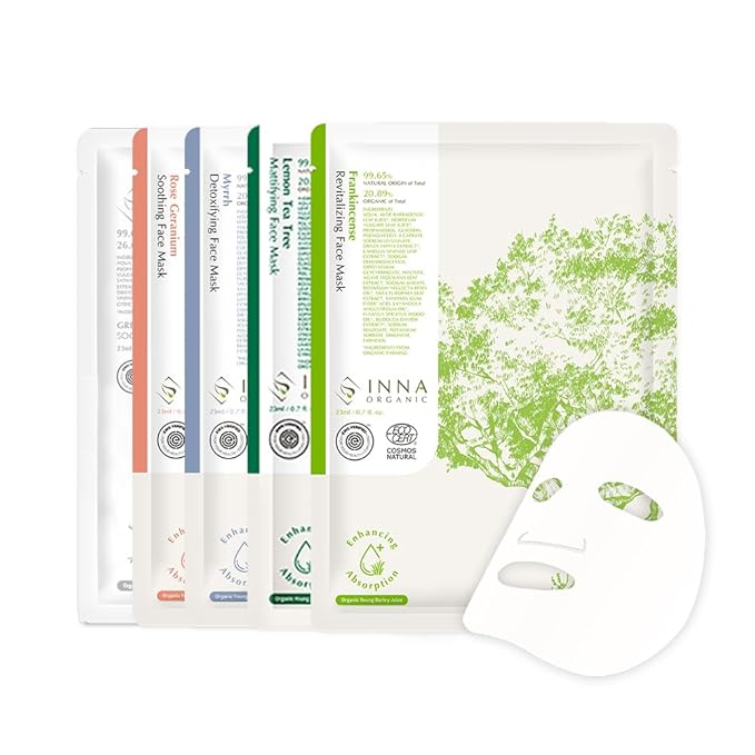 INNA ORGANIC Sheet Mask Set, Anti-Aging & Hydrating, EWG & COSMOS Certified (Pack of 5) | First Pick Discovery Set | Luxury Clean Beauty