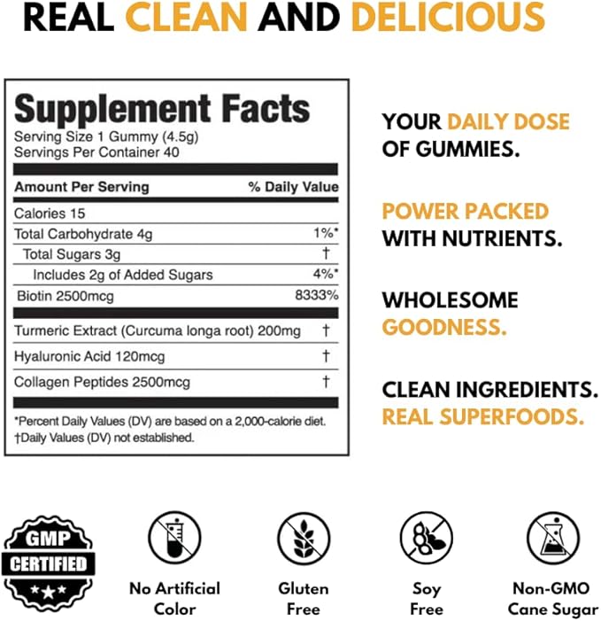 JUGO Beauty + Superfood Gummies | Biotin Collagen for Hair, Skin, and Nails | Biotin 2500 mcg & Hyaluronic Acid | 40 Count | Gelatin-Free, Non-GMO