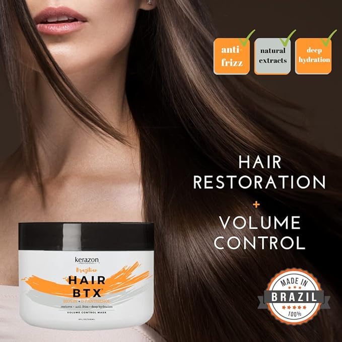 KERAZON Brazilian Hair BTX Treatment Mask 8oz 236ml provides repair for damaged, dry, smoothing, deep conditioning and hydration, nutrition, shine, softness, volume control and smoothness.