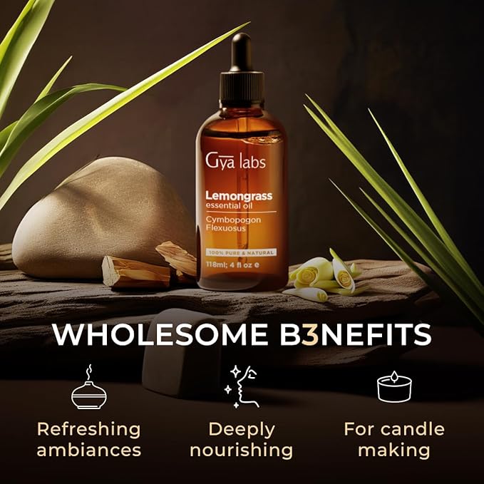 Gya Labs Lemongrass Essential Oil for Diffuser - Huge 4 Fl Oz - 100% Pure Natural Lemongrass Oil for Hair, Skin, Herbaceous, Earthy & Zesty Scent for Candle Making