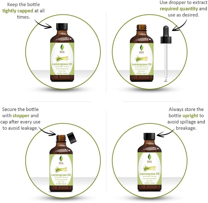 SVA Lemongrass Essential Oil – 4 Fl Oz – 100% Natural Lemongrass Oil - for Diffuser, Hair Care, Face, Skin Care, Aromatherapy, Scalp and Body Massage, Soap and Candle Making - with Dropper