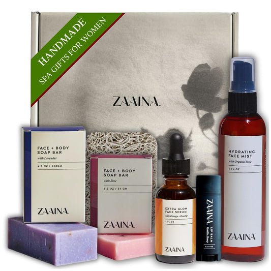 ZAAINA Spa Gift Basket for Women - Natural Self Care Kit, Handmade Soaps, Face Mist, Serum - Deluxe Set