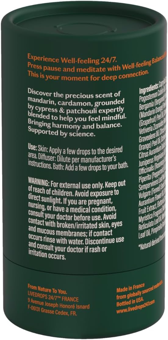 LIVEDROPS 24/7 Balanced Essential Oil Blend. Crafted in France Mandarin, Cardamon & Patchouli Pure & Natural Aromatherapy Skin Safe & Diffuser Compatible Clinically Tested