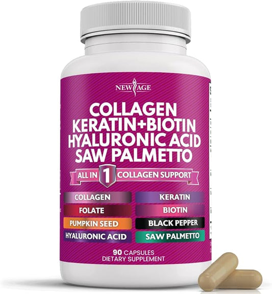 NEW AGE Collagen Pills Biotin Keratin Saw Palmetto Hyaluronic Acid - Hair Skin and Nails Vitamins and DHT Blocker with Vitamin E Folic Acid Pumpkin Seed MSM- 90 Count