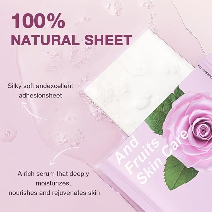 8 Pack Rose Face Sheet Mask Skincare,Hydrating Face Mask For Sensitive Skin,Moisturize,Soothing,Nourish for All Skin Types,Natural Spa Party Facial Mask Skincare Set for Women Men Girls