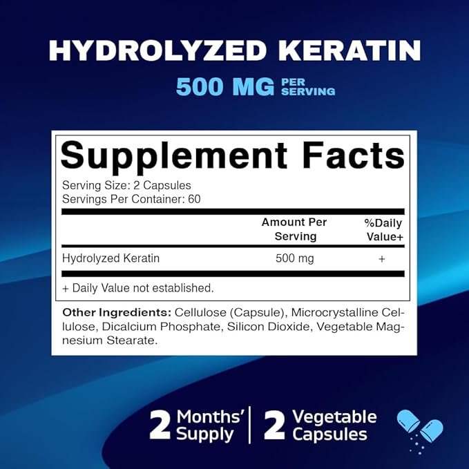Vitamatic Hydrolyzed Keratin 500mg per Serving - 120 Vegetarian Capsules - Keratin Supplements for Healthy Hair Skin & Nails for Adults