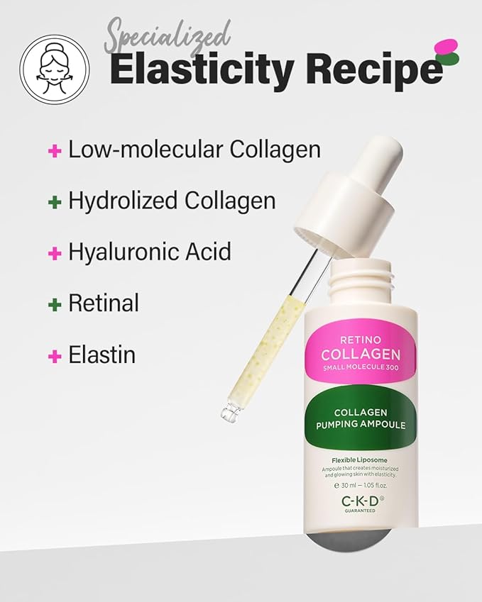 CKD Retino Collagen Small Molecule 300 Collagen Pumping Ampoule, Dual Function Face Ampoule for Wrinkle Care & Tone Correction, Anti-aging Serum to Improve Skin Density & Firmness, 1.01 fl. oz.