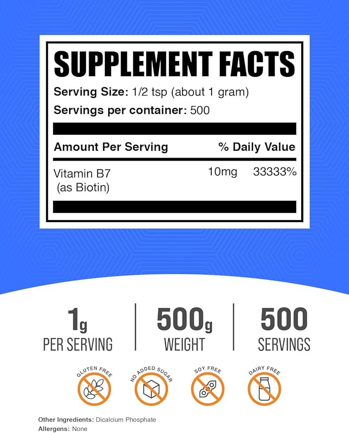 BulkSupplements.com Biotin 10000mcg Powder - Biotin Powder, Biotin Supplement, Biotin Vitamins for Hair Skin and Nails - Gluten Free, 1000mg per Serving (10mg Biotin), 500g (1.1 lbs)