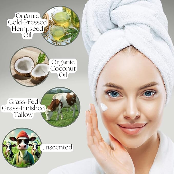 Unscented Whipped Hemp Tallow Balm – Grass-Fed & Grass-Finished Tallow Moisturizer with Organic Hempseed & Coconut Oil – Deep Hydration for Dry, Sensitive Skin – Fragrance-Free & All-Natural