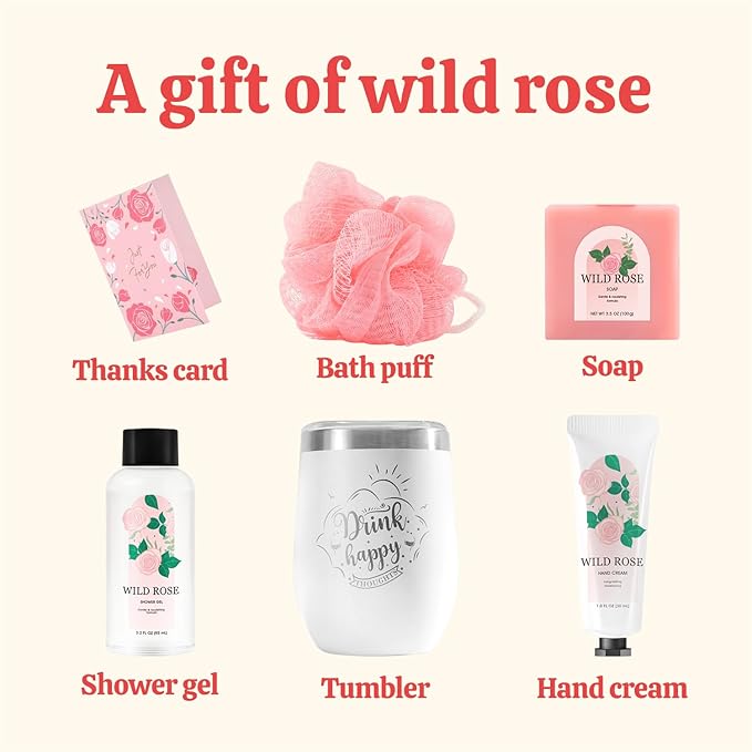 Skin Care Set Muse Lagoon Gift Baskets for Women 5 Pcs Rose Gifts for Her Includes Hand Cream Soap Sponge Shower Gel 355ml stainless steel tumbler, Christmas Gifts for Mom Sister