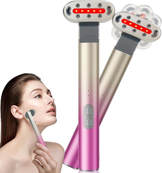 Red Light Therapy Wand for Face and Neck,7 Colors LED 3 Strength Vibration Face Lift Device for Eyes Wrinkles Skin Care Massage Tools-Pink Gradient